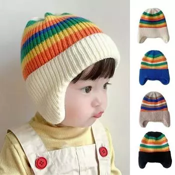 Зимняя детская шапочка, вязаная шапка с защитой ушей с героями мультфильмов для маленьких мальчиков и девочек, милые корейские теплые детские вязаные шапки радуги бежевый