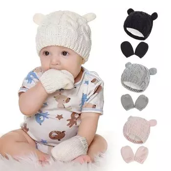 Зимняя детская вязаная шапка, перчатки, комплект, хлопковая подкладка, шапочка для новорожденных, шапочка для девочек и мальчиков, мультяшные ушки, шапочка для малышей, чепчик для младенцев 0-18 месяцев S-0-3M