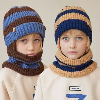 Зимняя детская вязаная шапка, шарф, костюм для катания на лыжах, детская шапка-бини, утеплитель для шеи, детская шапка с ушами, утепленный детский комплект шапок-капюшонов for 4-10Y