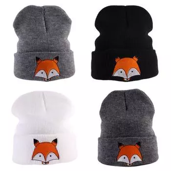 Зимняя детская вязаная теплая шапка-бини для маленьких девочек и мальчиков с узором лисы