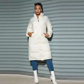 Зимняя длинная хлопковая одежда женская модная куртка на молнии однотонное теплое пальто M белый