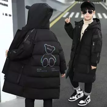 Зимняя длинная куртка для мальчиков, водонепроницаемая детская одежда, верхняя одежда для подростков, утепленное теплое пальто, зимний комбинезон для мальчиков, парки, 5-12 лет 170 чёрный