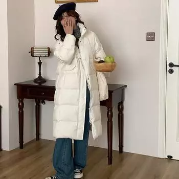 Зимняя длинная куртка-пуховик для женщин 2024 года, новая корейская версия моды, иностранный стиль, воротник-стойка, тонкое и утолщенное пальто S небесно-голубой