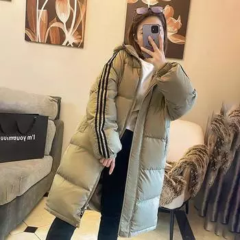 Зимняя длинная куртка-пуховик с капюшоном женская удлиненная до колена зима 2024 новая корейская версия свободное пальто средней и длинной длины S чёрный