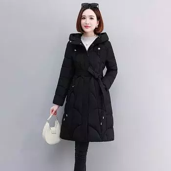 Зимняя длинная пуховая куртка с хлопковой подкладкой, женская теплая одежда с большим меховым воротником и поясом на талии, хлопковая стеганая одежда M чёрный