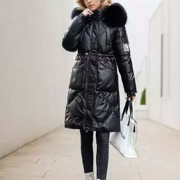 Зимняя длинная ветровка, яркая стеганая куртка, женская, с капюшоном, утепленная, свободная, с большим меховым воротником M чёрный