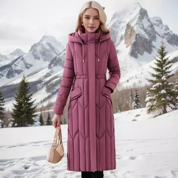 Зимняя длинная выше колена стеганая одежда на хлопковой подкладке женская модная свободная и тонкая утолщенная стеганая куртка на хлопковой подкладке L [Recommended below 52.5kg] чёрный