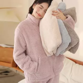 Зимняя домашняя одежда, женский кардиган на молнии, утолщенная куртка с высоким воротником, плюшевая бархатная пижама, двусторонний флисовый теплый костюм M