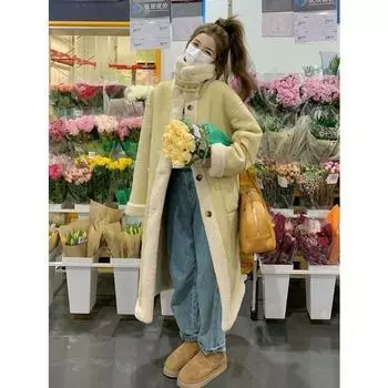 Зимняя дубленка женская утолщенная кожаная двухсторонняя куртка из меха ягненка S синий