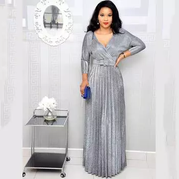 Зимняя европейская, американская и африканская женская мода 2025 года, плиссированная юбка-маятник с длинными рукавами и поясом из блестящей ткани бронзового оттенка S розовый