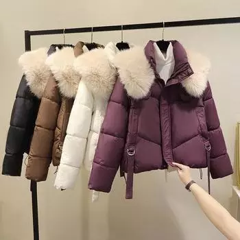 Зимняя европейская черная куртка на хлопковой подкладке для женщин, небольшого роста, новый фасон, модная, большой меховой воротник, короткая куртка на хлопковой подкладке в наличии. M чёрный