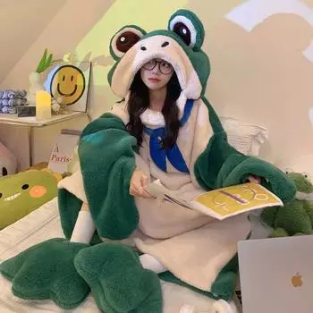 Зимняя фланелевая ночная рубашка с капюшоном, теплая пижама, банный халат, кавайная одежда, пижама, очень большая утепленная домашняя одежда, ночная рубашка в корейском стиле M