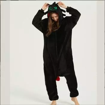 Зимняя фланелевая пижама для взрослых на Хэллоуин, комбинезон с динозавром и драконом, костюм животного, боди XL чёрный