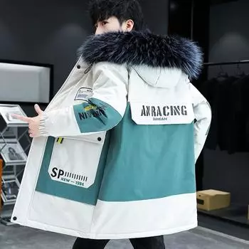 Зимняя флисовая мужская парка с капюшоном в стиле пэчворк, водонепроницаемое пальто, мужская мода, большие карманы, большой меховой воротник, уличная одежда L белый