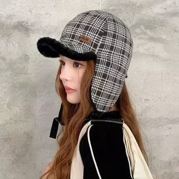 Зимняя флисовая шапка женская универсальная клетчатая теплая плюшевая шапка для езды на велосипеде защита от холода защита ушей шапка Lei Feng мужская M56-58cm чёрный