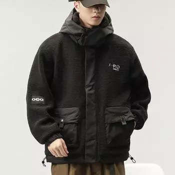 Зимняя флисовая утолщенная американская овечья флисовая куртка с капюшоном мужская свободная большая черная куртка свитер M