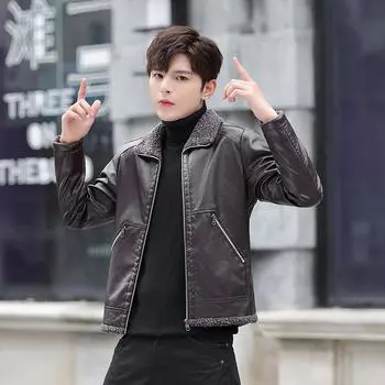 Зимняя флисовая утолщенная кожаная куртка мужская с лацканами большого размера меховая куртка со свитером интегрированная мужская куртка M