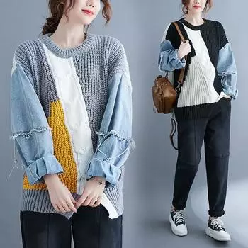 Зимняя футболка большого размера, женские свитера, джинсовый пуловер с круглым вырезом в стиле пэчворк, вязаный базовый синий модный свободный свитер One Size серый