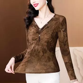 Зимняя футболка New Mom с V-образным вырезом и длинными рукавами, однотонная сетчатая рубашка, женский топ Temperament M