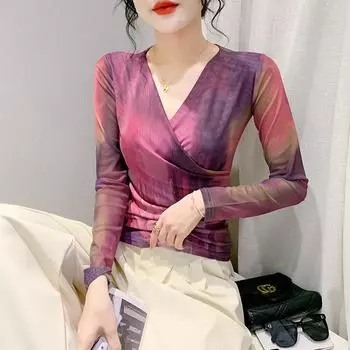 Зимняя футболка с V-образным вырезом и перекрестными узорами, женская модная контрастная верхняя часть в иностранном стиле, нижняя рубашка S