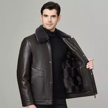 Зимняя хлопковая кожаная куртка папы, мужская, бархатная, утолщенная, кожаная куртка с лацканами для мужчин среднего возраста, меховая цельная куртка 170