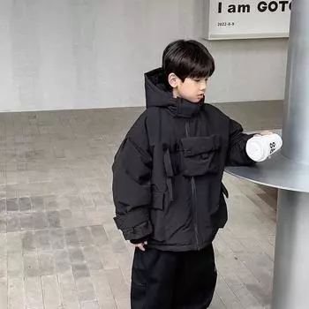 Зимняя хлопковая куртка для мальчика с толстым утеплителем и капюшоном. 120cm серый