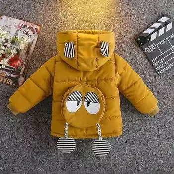 Зимняя хлопковая куртка для мальчиков с мультяшным рисунком, однотонный пуховик плюс бархатная утолщенная теплая толстовка с капюшоном, детская хлопковая куртка 120
