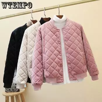 Зимняя хлопковая куртка корейская женская короткая куртка Harajuku Diamond Grid Cotton Jacket Gold Velvet Thick Baseball Jacket Cotton Coat M чёрный