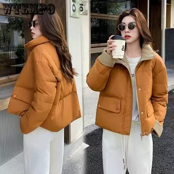 Зимняя хлопковая куртка, короткая, маленькая, новая, стильная, хлопковая куртка, толстая, корейская версия, свободная, модная куртка M чёрный