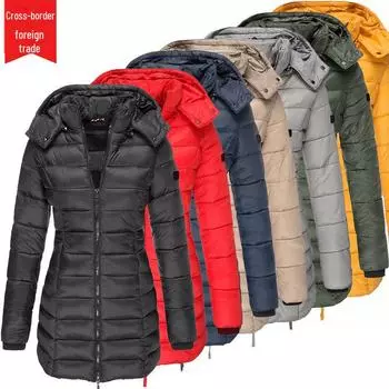 Зимняя хлопковая куртка средней длины с капюшоном 2023 года для женщин — европейский и американский стиль больших размеров XL