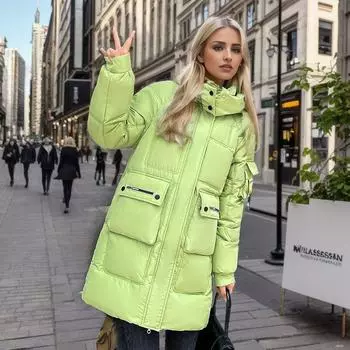 Зимняя хлопковая куртка, женская средняя длина, свободная и плотная хлопковая куртка, студенческая куртка с капюшоном, модная хлопковая куртка-пуховик M чёрный