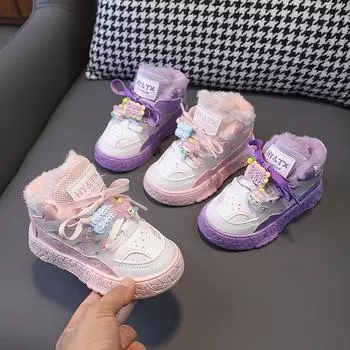 Зимняя хлопковая обувь для детей, розовые милые мультяшные ботинки для мальчиков и девочек, зимние ботинки, толстые теплые плюшевые, новые зимние спортивные ботинки для детей 23 розовый