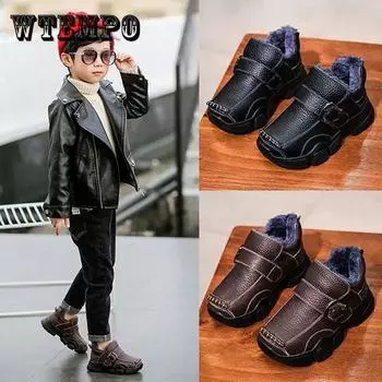 Зимняя хлопковая обувь для мальчиков, детская плюшевая зимняя обувь на плоской подошве, теплая хлопковая обувь большого размера в британском стиле 37 чёрный