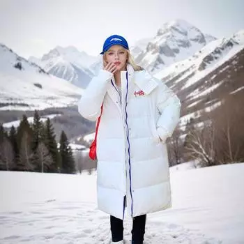 Зимняя хлопковая одежда для женщин, средняя и длинная, с вышивкой, утолщенная, с капюшоном, большого размера, свободная, выше колена, куртка M [Recommended below 55kg] синий