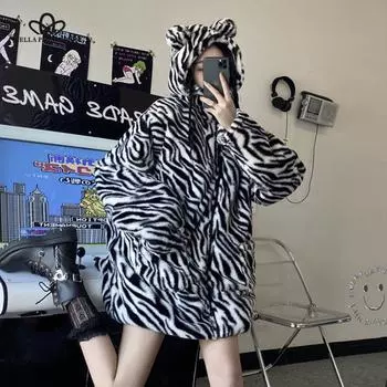 Зимняя хлопковая одежда на молнии в стиле Harajuku BF, винтажная леопардовая куртка с капюшоном с милыми медвежьими ушками, сохраняющая тепло из искусственного меха M белый