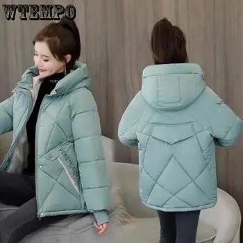 Зимняя хлопковая одежда женская хлопковая одежда женская короткая корейская свободная куртка с капюшоном утолщенная напечатанная хлопковая куртка-пуховик M чёрный