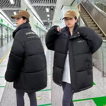 Зимняя хлопковая стеганая куртка, женское пальто, свободный воротник-стойка, длинная толстая студенческая одежда для хлеба M чёрный