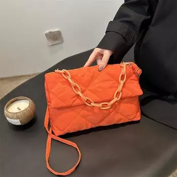 Зимняя хлопковая стеганая сумка для женщин с цепочкой и ромбическим узором, дизайнерская сумка с перьями и пухом, женская сумка-тоут через плечо 29x7x19cm чёрный