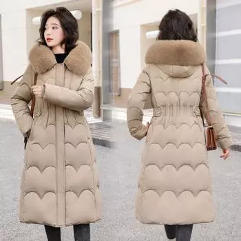 Зимняя хлопковая утепленная женская одежда корейской версии утолщенная, тонкая и теплая, модная женская хлопковая одежда с большим меховым воротником M чёрный