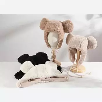 Зимняя холодная и теплая северо-восточная шапка-ушанка для детей из овечьей шерсти с ушками Микки, милая большая плюшевая лыжная шапка M56-58cm чёрный