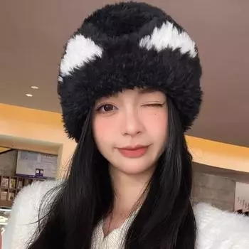 Зимняя холодная теплая шапка с милыми кошачьими ушками, плюшевая шапка-пуловер, женская универсальная шапка с маленьким шерстяным принтом, женская вязаная шапка чёрный