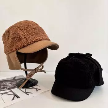 Зимняя холодная велосипедная утолщенная овечья шерсть утиный язык летающая шапка мужская брендовая плюшевая теплая защита ушей Lei Feng шапка детская M56-58cm чёрный