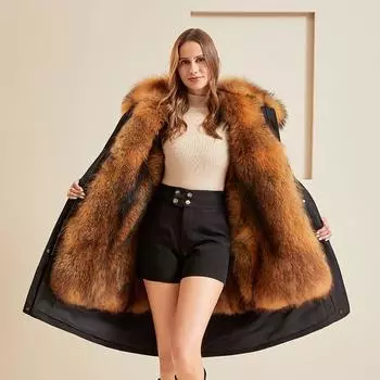 Зимняя искусственная лисья меховая парка женская съемная внутренняя искусственная лисья шуба длинная с капюшоном парка M