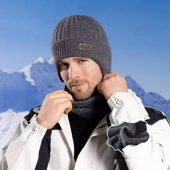 Зимняя кашемировая шапка, шарф, двухсекционная мужская теплая пуловер для верховой езды на открытом воздухе, защита ушей, вязаная шерстяная лыжная шапка, шапочки Skullies светло-серый