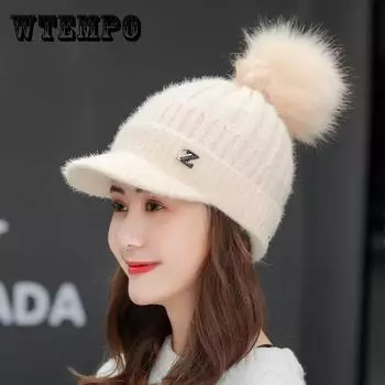 Зимняя кашемировая вязаная шапка в Корейском стиле, модная меховая шапка, теплые шапки, велосипедная ветрозащитная шерстяная шапка для женщин чёрный