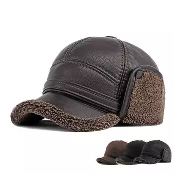 Зимняя кепка мужская бейсболка из искусственной кожи для мужчин с ушами, толстая теплая кепка Snapback для пожилых людей среднего возраста, кепка для пап, закрывающая уши M