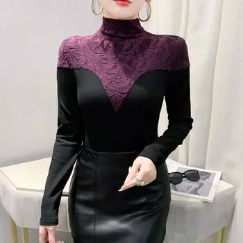 Зимняя контрастная цветная базовая рубашка с длинными рукавами, футболка с полуворотником, женская облегающая рубашка в стиле темперамент S