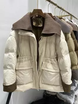 Зимняя контрастная цветная куртка-пуховик женская средняя и длинная из белого утиного пуха с большим лацканом, свободная талия и тонкая куртка average size, recommended within 75kg бежевый