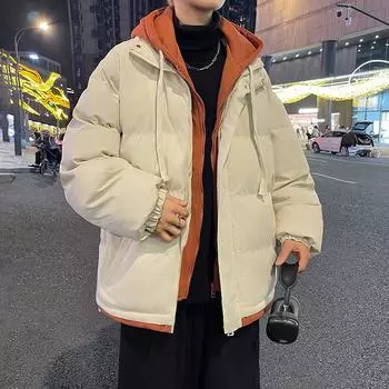 Зимняя контрастная цветная поддельная двухкомпонентная хлопковая одежда для пар, модная утолщенная хлопковая одежда с капюшоном, мужская свободная теплая M чёрный