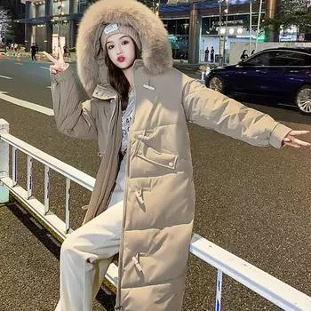 Зимняя корейская версия длинной роговой пряжки с капюшоном, толстая хлопковая куртка, женская хлопковая куртка S хаки
